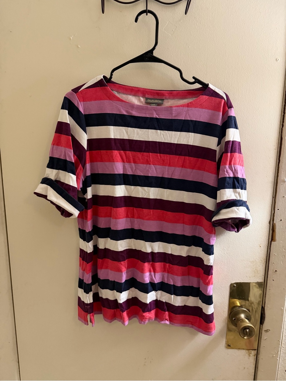 Style & Co. Striped Short Sleeve Blouse in Pink, Red, Navy & White